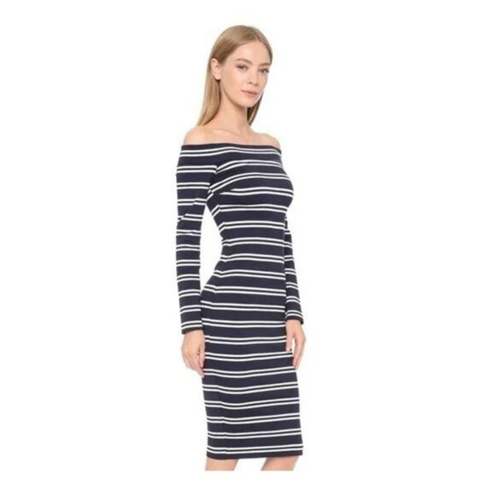 Bec & Bridge Ahoy Long Sleeve Off the Shoulder Midi Dress in Ink Stripe (D10)